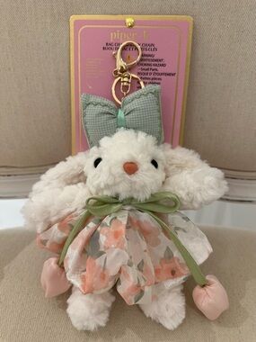 NWT Piper K Floral Bunny Bag Charm Keychain Plush - White, Pink, Green